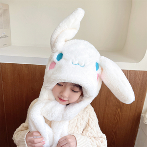 儿童帽子围脖一体秋冬女童兔耳朵会动围巾加厚毛绒可爱宝宝护耳