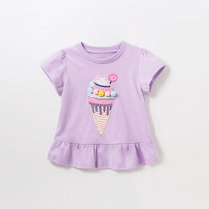 女童纯棉短袖T恤2024夏季新款童装宝宝卡通冰淇淋紫色休闲荷叶边