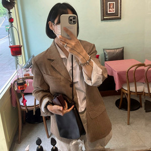现 货 韩国正品女装代购 RIBBONTIE 复古轻奢经典格纹西装领外套