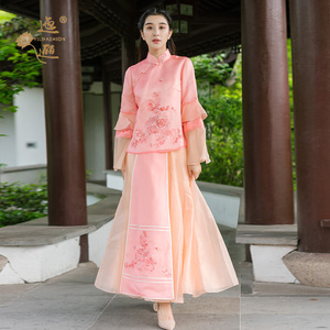 高端私人定制复古中国风真丝手工绣花短款上衣中长款半裙两件套新