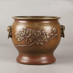 日本纯铜火钵牡丹菊花纹铜制炭盆日式茶道具茶器火盆煮茶炉炭炉