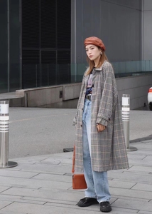 日系潮牌 VIVI杂志揭载 M家新品 复古翻领格子中长款大衣风衣外套