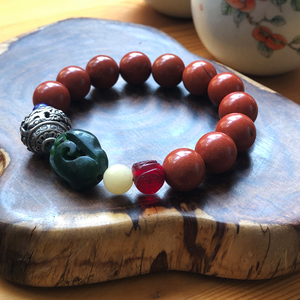 墨染原创手工饰品 红碧玉玛瑙手链 925银 新疆碧玉背云手钏