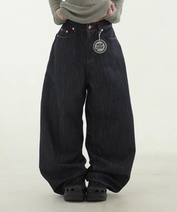 韩国代购24A/W back button non fade indigo wide jean 牛仔裤