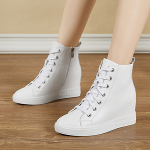 真皮内增高白色坡跟鞋高帮鞋女2023春秋新款小白鞋女鞋显瘦休闲鞋