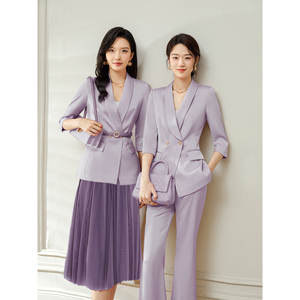 女子成鉴 气质显白高级感紫色短袖西装外套纱裙时尚套装2024夏季