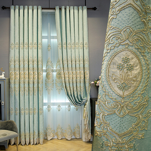 欧式奢华别墅客厅落地窗卧室书房蓝色高档大气绣花布遮光窗帘定制