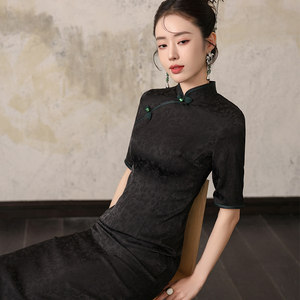 墨香|黑色改良旗袍2024新款女复古修身平时可穿连衣裙夏季中长款