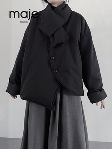 高端定制 暗黑风小众圆弧偏襟设计感羽绒服带围巾黑色棉服外套
