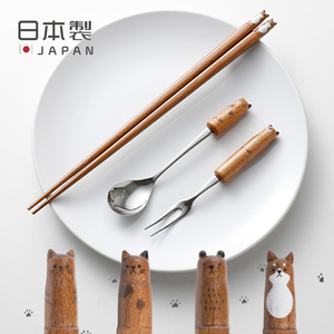 日本fluffy天然木制筷子水果叉咖啡搅拌勺树脂木盖碗柴犬熊猫卡通