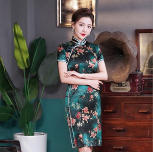 春夏新款复古中式孔雀绿印花真桑蚕丝短款性感年轻时尚老上海旗袍