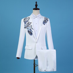优雅新款修身舞台男士西服套装萨克斯演出刺绣花礼服白色新郎服装