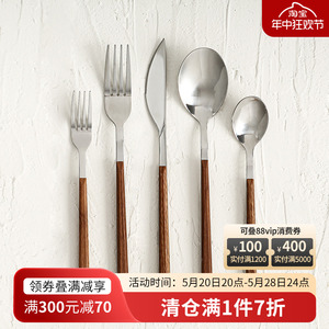 ECHO日本不锈钢餐具家用仿木柄餐叉精致甜品勺ins风复古长柄刀叉