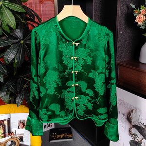 复古新中式国风盘扣提花真丝上衣女开衫绿色衬衫外套桑蚕丝衬衣