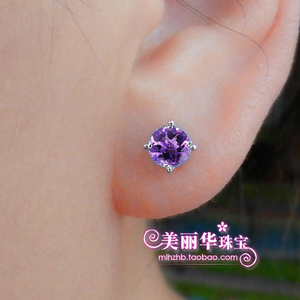 圆形小巧可爱天然紫水晶耳钉925纯银耳环女爱情守护石宝石简单