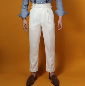 suitsee 那不勒斯鱼尾裤 男士象牙白羊毛休闲西裤 复古高腰背带裤