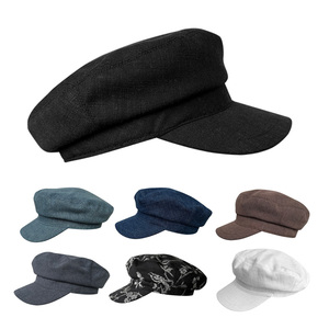 春夏季新款复古日式英伦亚麻船长帽男女同款黑色鸭舌帽子报童帽