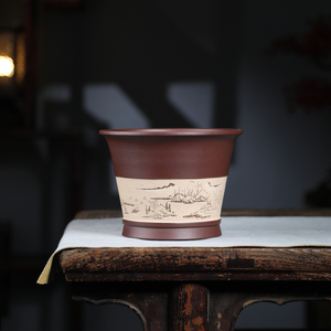 清香阁紫砂李超手工盆双色通卷山水紫泥圆口桌面绿植古典室内花器