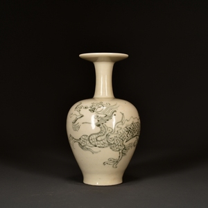 宋定窑青花龙纹盘口瓶 海外回流古董古玩古瓷器收藏211023