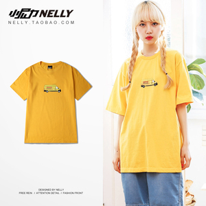韩国ulzzang夏季潮牌同款短袖T恤情侣装男士五分袖T恤上衣黄色