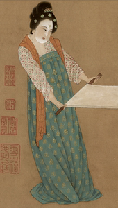 【留白】捣练图*卷轴仕女左 定制唐风布料原创真丝印花雪纺汉服