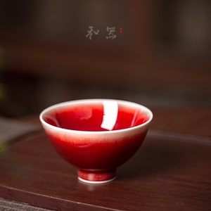 鸡心杯葵口杯郎红茶杯景德镇原矿郎红釉纯色中式手工主人杯