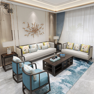 新中式实木布艺沙发组合酒店店面禅意现代三人两人位客厅家具定制