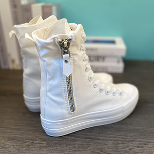 高腰帆布鞋女韩版白