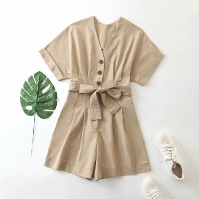 高腰系带明线连体裤