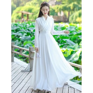 春夏新款古风日常大摆汉元素白色雪纺飘逸仙女长裙连衣裙长袖女装