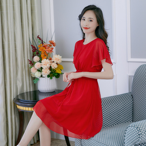 红裙子2021年新款夏天雪纺超仙气质红色小个子法式夏季收腰连衣裙