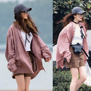 明星杨幂同款长袖格子纯棉衬衫宽松设计感薄外套外穿中长款秋装女