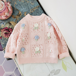 太好看了~90-150码女童秋季韩版小花朵纯棉线毛衣 镂空套头针织衫