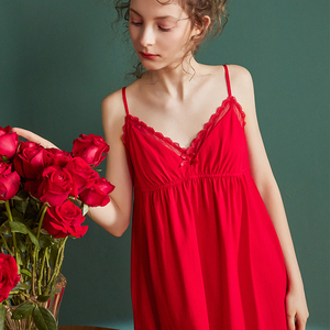 吊带睡裙女士夏纯棉性感露背大红色本命年夏季v领长裙显瘦睡衣裙