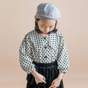 女童米色波点灯芯绒衬衫加绒加厚2020秋冬季儿童装洋气灯笼袖上衣