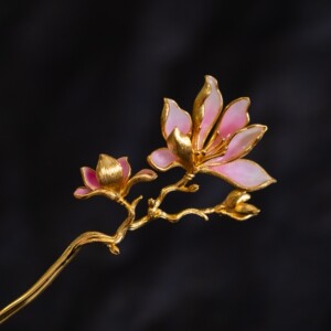 云水光中 | 玉堂春 s925银镀金玉兰花枝发簪 粉色珐琅彩版