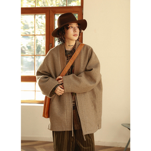 octopusme章鱼家复古毛呢大衣女秋冬中长款宽松日系道袍外套系带