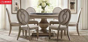 美式art家具筑源圆形餐桌法式复古实木雕花餐桌椅组合成套定制