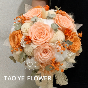 橙色永生玫瑰手捧花花束定制婚礼韩式新娘花球接亲求婚情人节