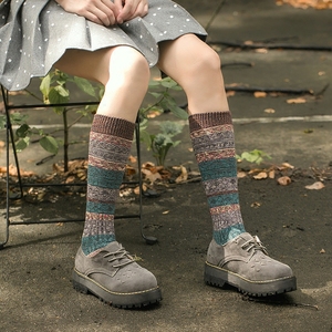 韩国堆堆袜子加长款中筒高筒潮复古日系秋冬款粗毛线个性条纹女袜