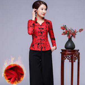 加绒蕾丝唐装旗袍上衣改良时尚中式加厚婆婆妈妈装结婚宴短款套装