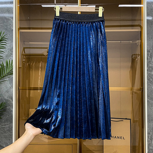 金丝绒珠光半身裙女春秋百褶裙高级感中长款高腰裙没内衬a字半裙