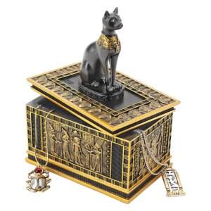 玩品 进口埃及女神巴斯特猫浮雕金乌木首饰盒珠宝盒装饰盒收纳盒