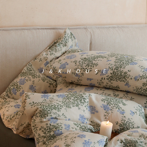 Floral|插画ins风绉布纱四件套全棉纯棉床上用品床单被套2023新款