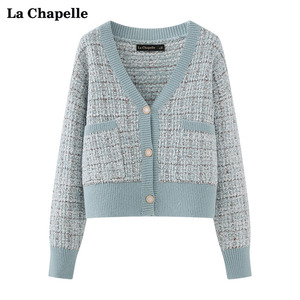 拉夏贝尔/LaChapelle春新款V领小香风格纹宽松针织开衫女百搭外套