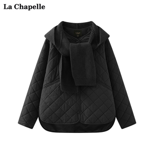 拉夏贝尔/La Chapelle针织连帽圆领菱格短款棉服外套女冬加厚棉衣