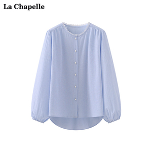 拉夏贝尔/La Chapelle蓝色蕾丝花边珍珠扣圆领条纹小衫女宽松衬衣