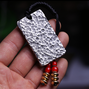 屾造原创~足银999手作陨石纹锤叠纹平安无事牌纯银六字真言吊坠