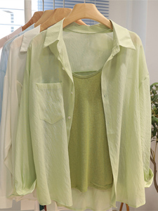 绿色防晒天丝衬衫女2024夏季新款休闲薄款上衣吊带开衫两件套衬衣