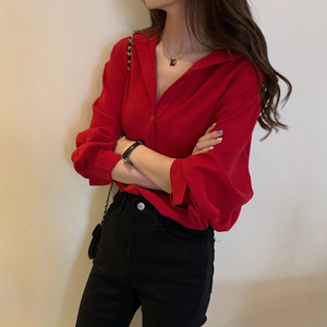 红色上衣春日衬衫2024年新款女装韩版衬衣显瘦本命年长袖洋气小衫